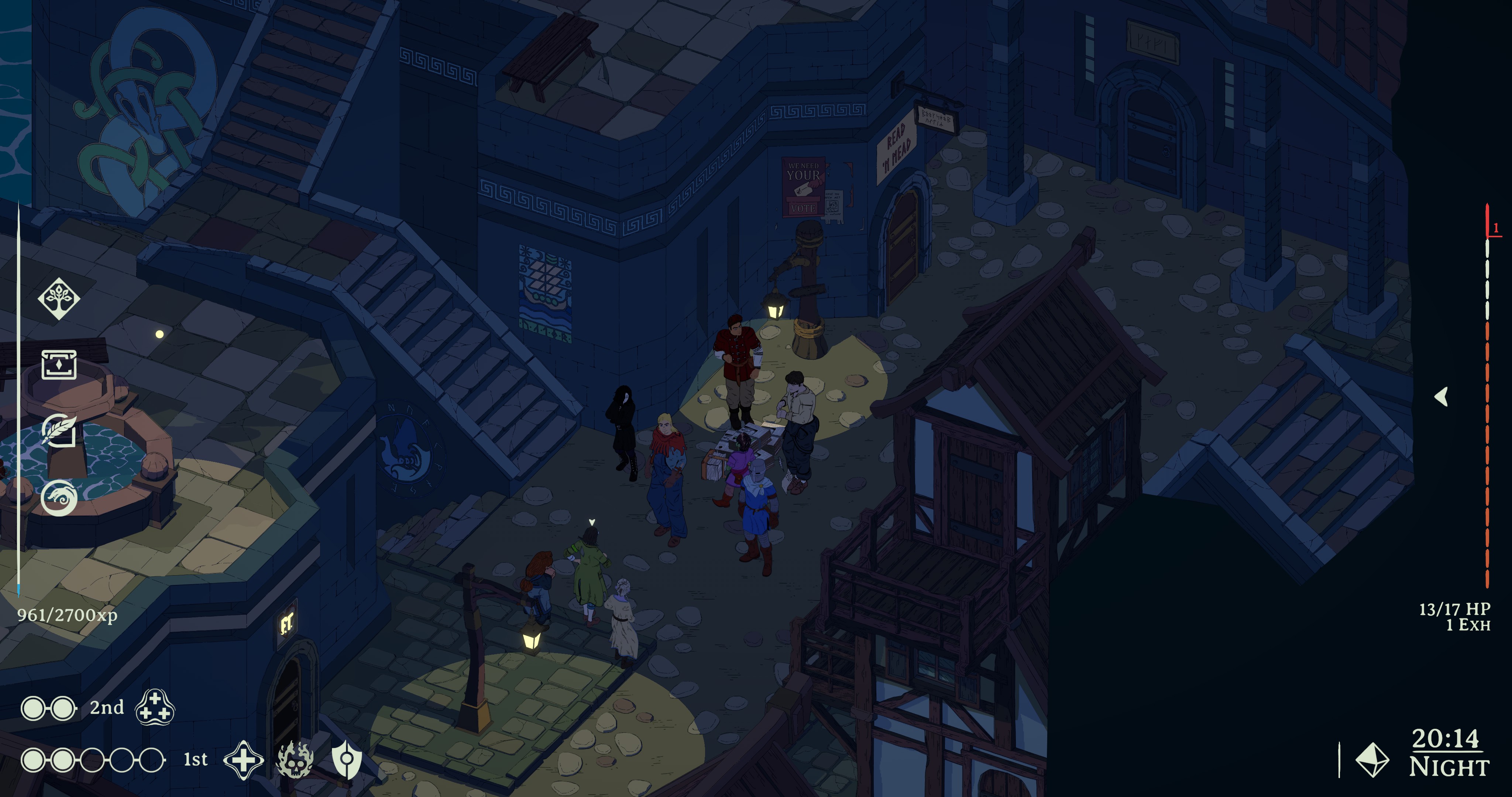 A screenshot from Esoteric Ebb showing 2 characters standing ona  bridge in a dimly lit area