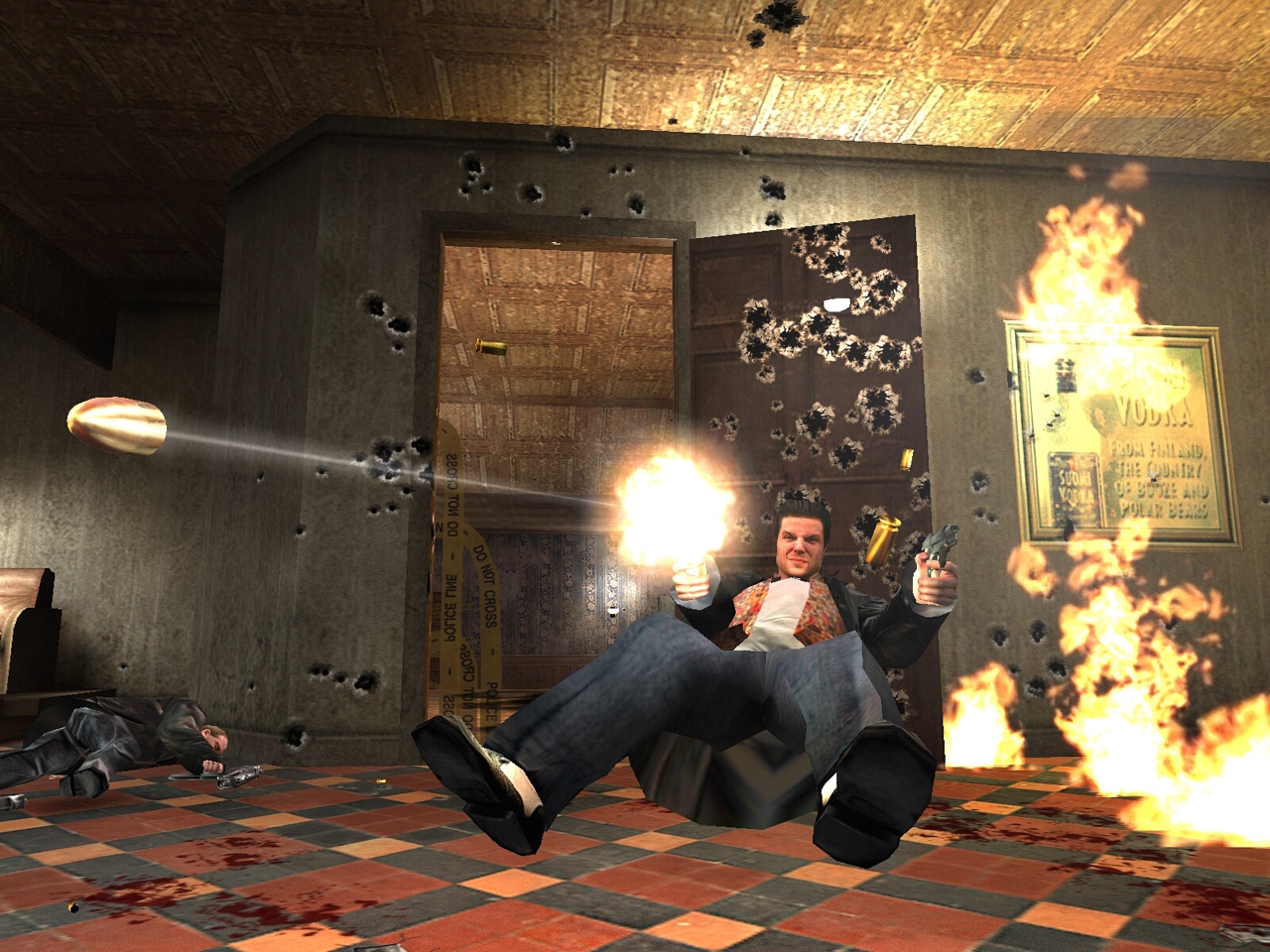 A screenshot from Max Payne showing Max diving backwards shooting a pistol with bullet marks in the environment around him.