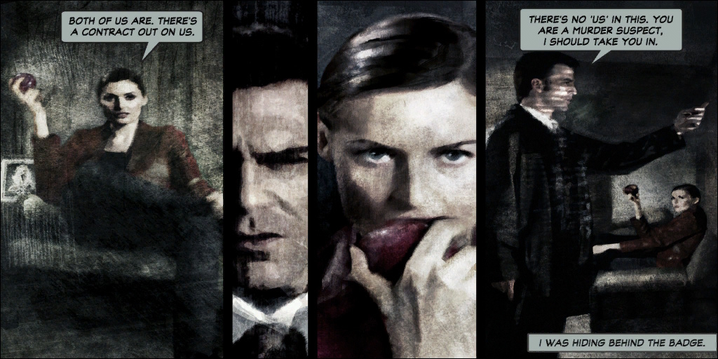 A screenshot from Max Payne 2 showing a graphic novel story section.